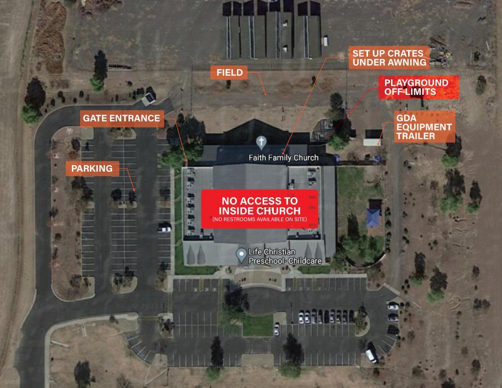 Aerial map of Faith Family Church in Chandler, AZ showing the gate entrance, parking, training field, crate awning and off-limits areas